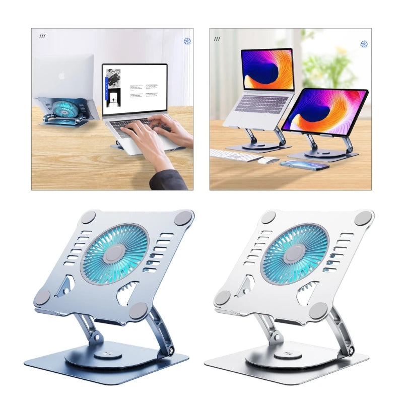 Support d'ordinateur Portable avec ventilateurs de refroidissement, support ergonomique rotatif pliable en aluminium réglable pour tablette et ordinateur Portable
